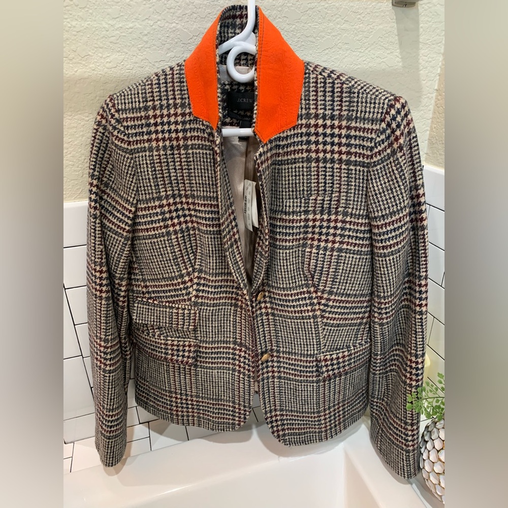 J. Crew Plaid Blazer with Orange Collar